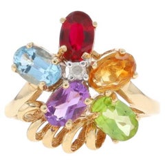Yellow Gold Blue Topaz Garnet Peridot Cluster Cocktail Ring - 10k Oval 2.55ctw