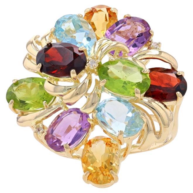 Yellow Gold Blue Topaz Garnet Peridot Dia Cluster Cocktail Ring 14k Oval 9.50ctw For Sale