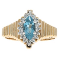 Yellow Gold Blue Topaz Halo Ring - 14k Marquise .85ctw