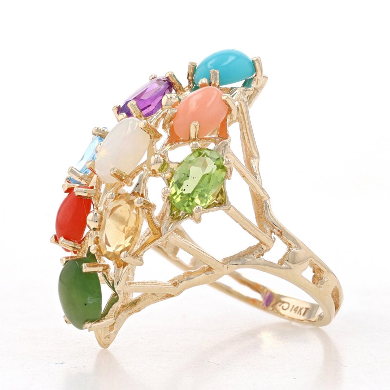 Oval Cut Yellow Gold Blue Topaz Jadeite Peridot Cluster Cocktail Ring 14k Oval 2.90ctw For Sale