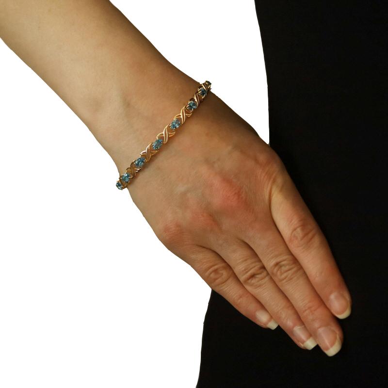 Oval Cut Yellow Gold Blue Topaz Link Bracelet 7 1/4
