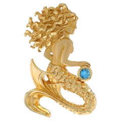 Yellow Gold Blue Topaz Mermaid Omega Slide Pendant -14k Round .30ct Sea Folklore