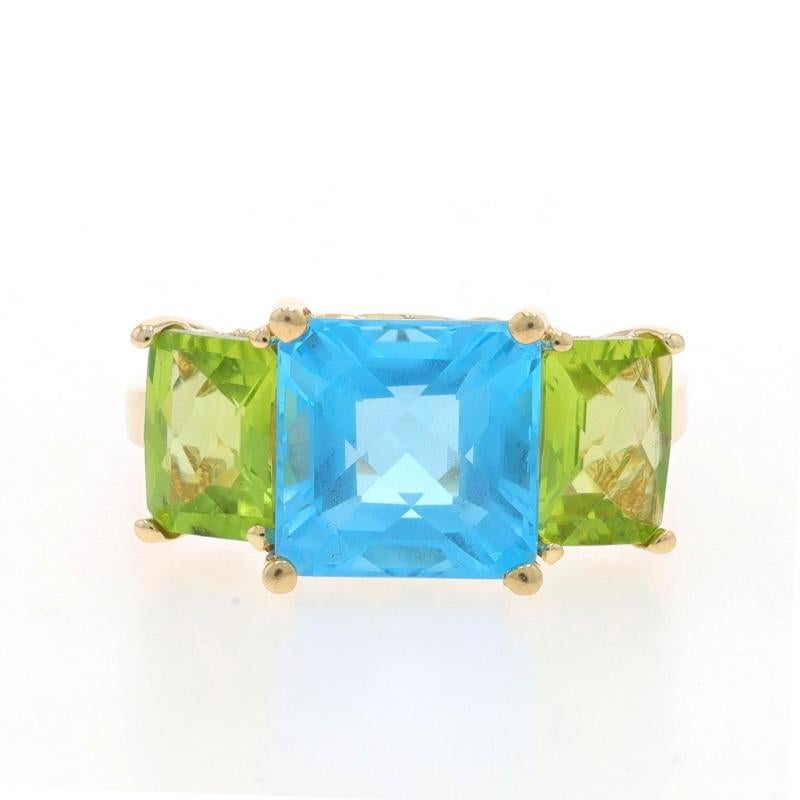 Size: 7
Sizing Fee: Up 1 size for $35 or Down 1 size for $35

Metal Content: 14k Yellow Gold

Stone Information

Natural Blue Topaz
Treatment: Routinely Enhanced
Carat(s): 4.07ct
Cut: Square Step Cut Checkerboard

Natural Peridot
Carat(s):