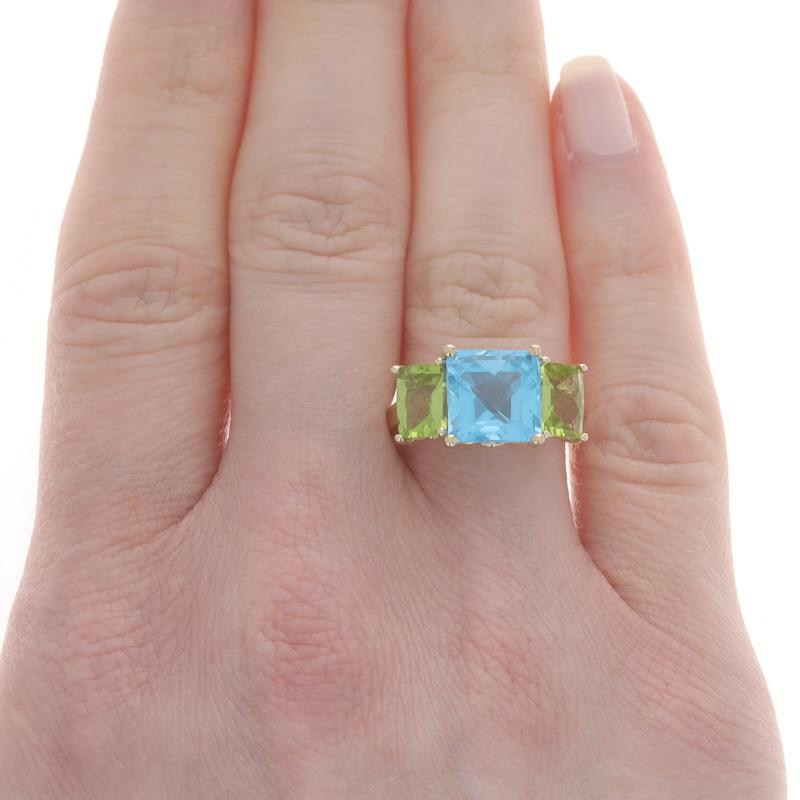 Mixed Cut Yellow Gold Blue Topaz Peridot Ring 14k Step Ct Checkerboard 5.85ctw Three-Stone