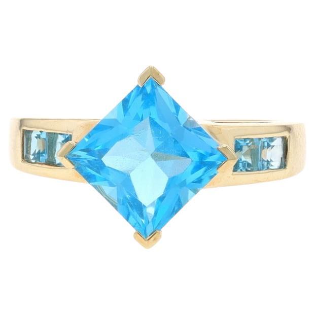 Yellow Gold Blue Topaz Ring - 10k Princess & Square 3.38ctw Size 7 1/4 For Sale