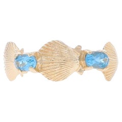 Yellow Gold Blue Topaz Seashell Trio Two-Stone Band - 14k Oval .56ctw Beach Ring