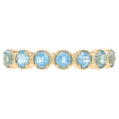 Fascia a sette pietre in oro giallo con topazio blu - Anello a forma di quadrifoglio rotondo da 0,70 ct. 14k