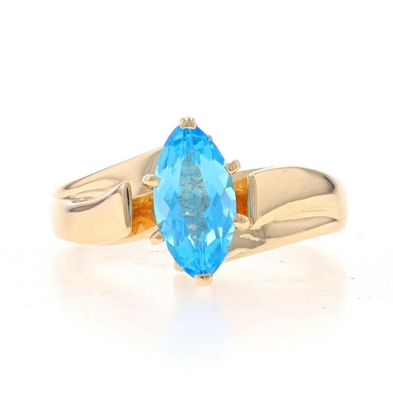 Size: 6 1/2
Sizing Fee: Up 2 sizes for $35 or Down 2 sizes for $30

Metal Content: 10k Yellow Gold

Stone Information
Natural Topaz
Treatment: Routinely Enhanced
Carat(s): 1.20ct
Cut: Marquise
Color: Blue

Total Carats: 1.20ct

Style: Solitaire