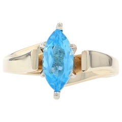 Yellow Gold Blue Topaz Solitaire Bypass Ring, 10k Marquise 1.20ctw Cathedral