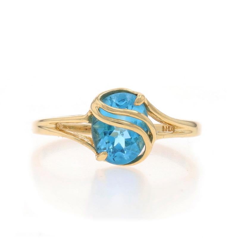 Size: 6 1/2
Sizing Fee: Up 2 sizes for $30 or Down 1 size for $30

Metal Content: 10k Yellow Gold

Stone Information

Natural Topaz
Treatment: Routinely Enhanced
Carat(s): 1.60ct
Cut: Oval
Color: Blue

Total Carats: 1.60ct

Style: Solitaire