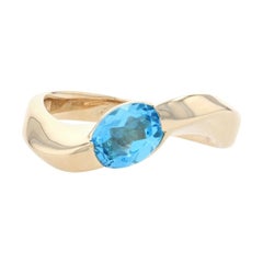 Vintage Yellow Gold Blue Topaz Solitaire Bypass Ring, 14k Oval Cut 1.60ct