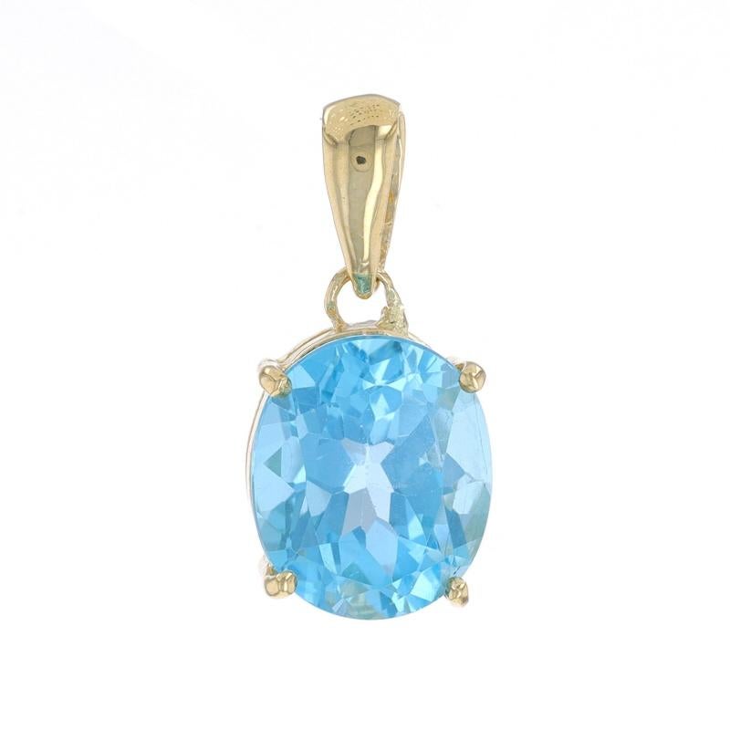 Metal Content: 14k Yellow Gold

Stone Information
Natural Blue Topaz
Treatment: Routinely Enhanced
Carat(s): 6.00ct
Cut: Oval

Total Carats: 6.00ct

Style: Solitaire

Measurements
Tall (from stationary bail): 19/32