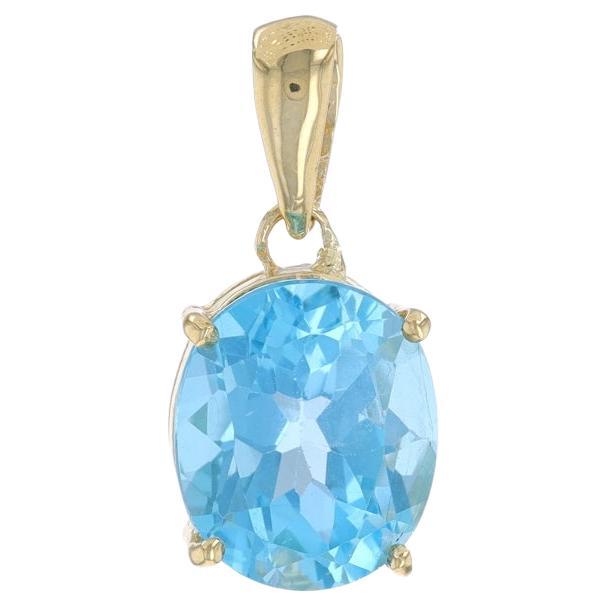 Yellow Gold Blue Topaz Solitaire Pendant - 14k Oval 6.00ct For Sale
