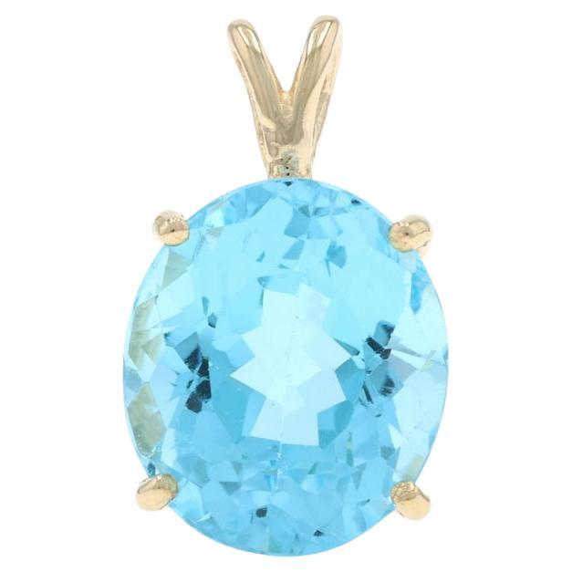 Yellow Gold Blue Topaz Solitaire Pendant - 14k Oval 7.68ct For Sale