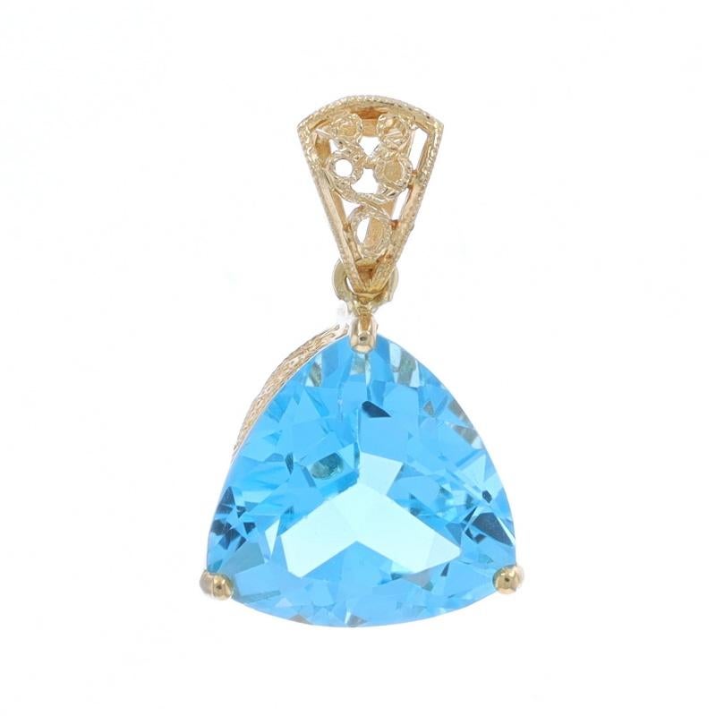 Metal Content: 14k Yellow Gold

Stone Information

Natural Blue Topaz
Treatment: Routinely Enhanced
Carat(s): 4.75ct
Cut: Trillion

Total Carats: 4.75ct

Style: Solitaire
Features: Milgrain Detailing

Measurements

Tall (from extended bail): 27/32