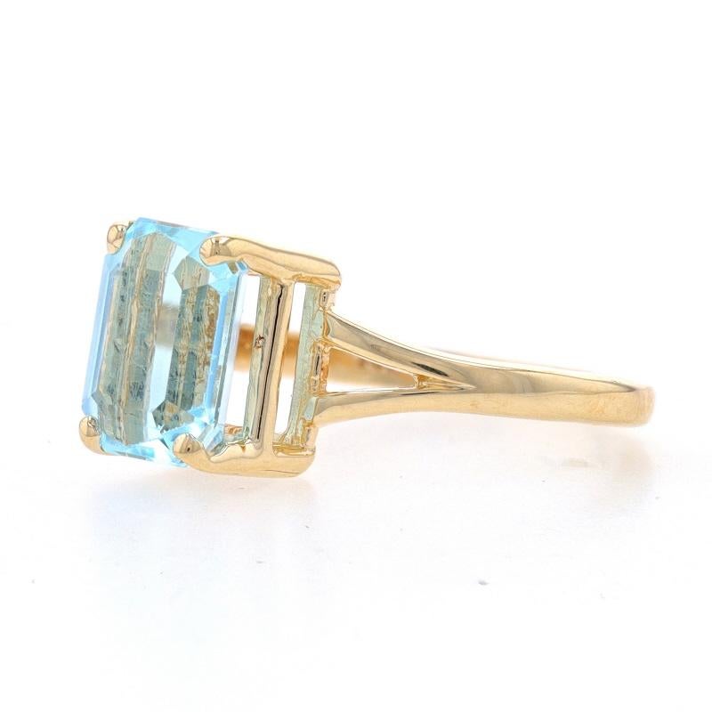 Yellow Gold Blue Topaz Solitaire Ring - 14k Emerald Cut 3.75ct In Excellent Condition For Sale In Greensboro, NC
