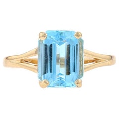 Yellow Gold Blue Topaz Solitaire Ring - 14k Emerald Cut 3.75ct