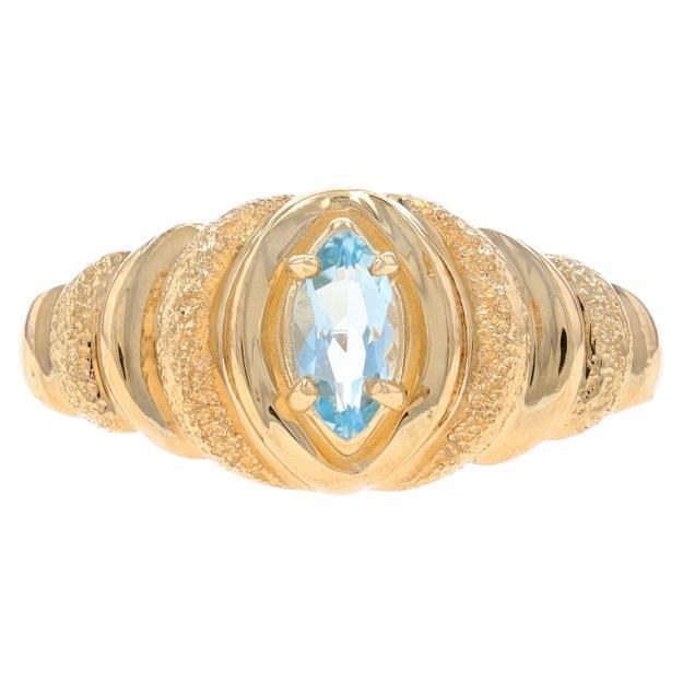 Yellow Gold Blue Topaz Solitaire Ring - 14k Marquise .30ct Tiered Textured For Sale