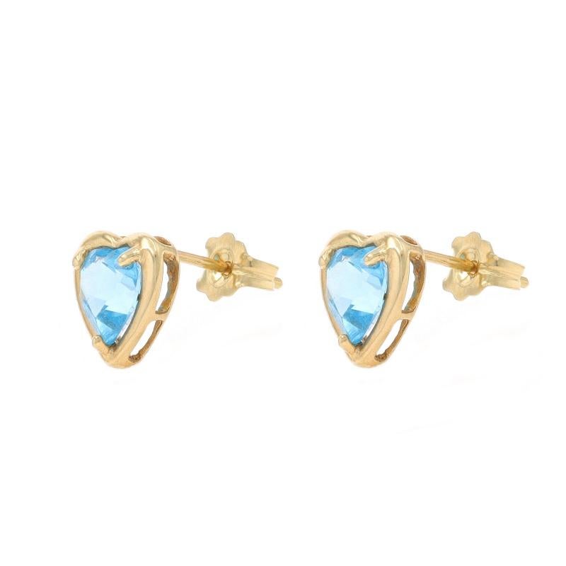 Heart Cut Yellow Gold Blue Topaz Stud Earrings - 10k Heart 1.50ctw Love Pierced For Sale
