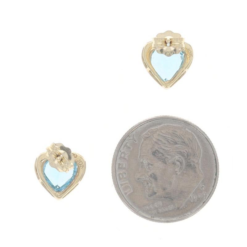 Yellow Gold Blue Topaz Stud Earrings - 10k Heart 1.50ctw Love Pierced In Excellent Condition For Sale In Greensboro, NC