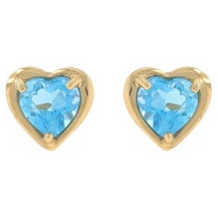 Yellow Gold Blue Topaz Stud Earrings - 10k Heart 1.50ctw Love Pierced