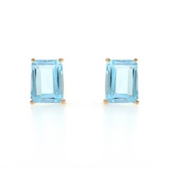 Yellow Gold Blue Topaz Stud Earrings - 14k Emerald Cut 4.80ctw Pierced