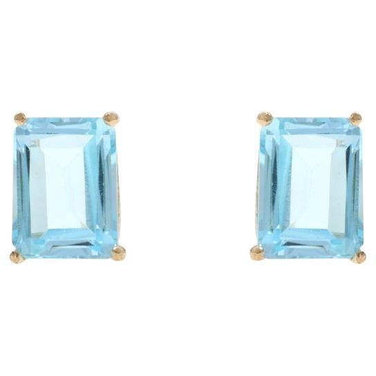 Yellow Gold Blue Topaz Stud Earrings - 14k Emerald Cut 4.80ctw Pierced For Sale