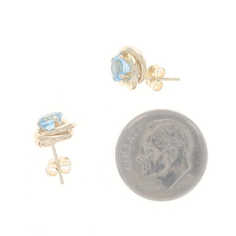 Yellow Gold Blue Topaz Stud Earrings - 14k Round 1.12ctw Knot Twist Pierced In Excellent Condition For Sale In Greensboro, NC