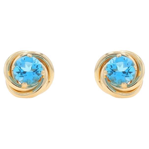Yellow Gold Blue Topaz Stud Earrings - 14k Round 1.12ctw Knot Twist Pierced For Sale