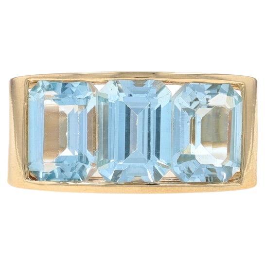 Yellow Gold Blue Topaz Three-Stone Band - 14k Emerald 3.39ctw Ring Sz 6 1/4 For Sale