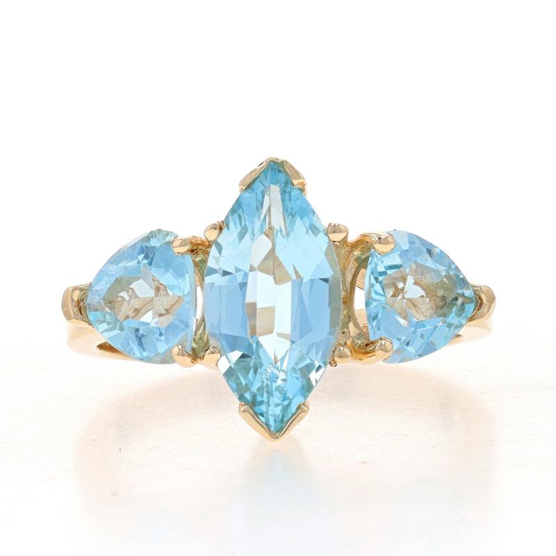 Size: 6 3/4
Sizing Fee: Up 3 sizes for $35 or Down 1 1/2 sizes for $30

Metal Content: 14k Yellow Gold

Stone Information

Natural Blue Topaz
Treatment: Routinely Enhanced
Carat(s): 3.24ctw
Cut: Marquise & Trillion

Total Carats: 3.24ctw

Style:
