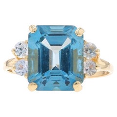 Yellow Gold Blue Topaz & White Sapphire Ring - 14k Emerald Cut 7.81ctw