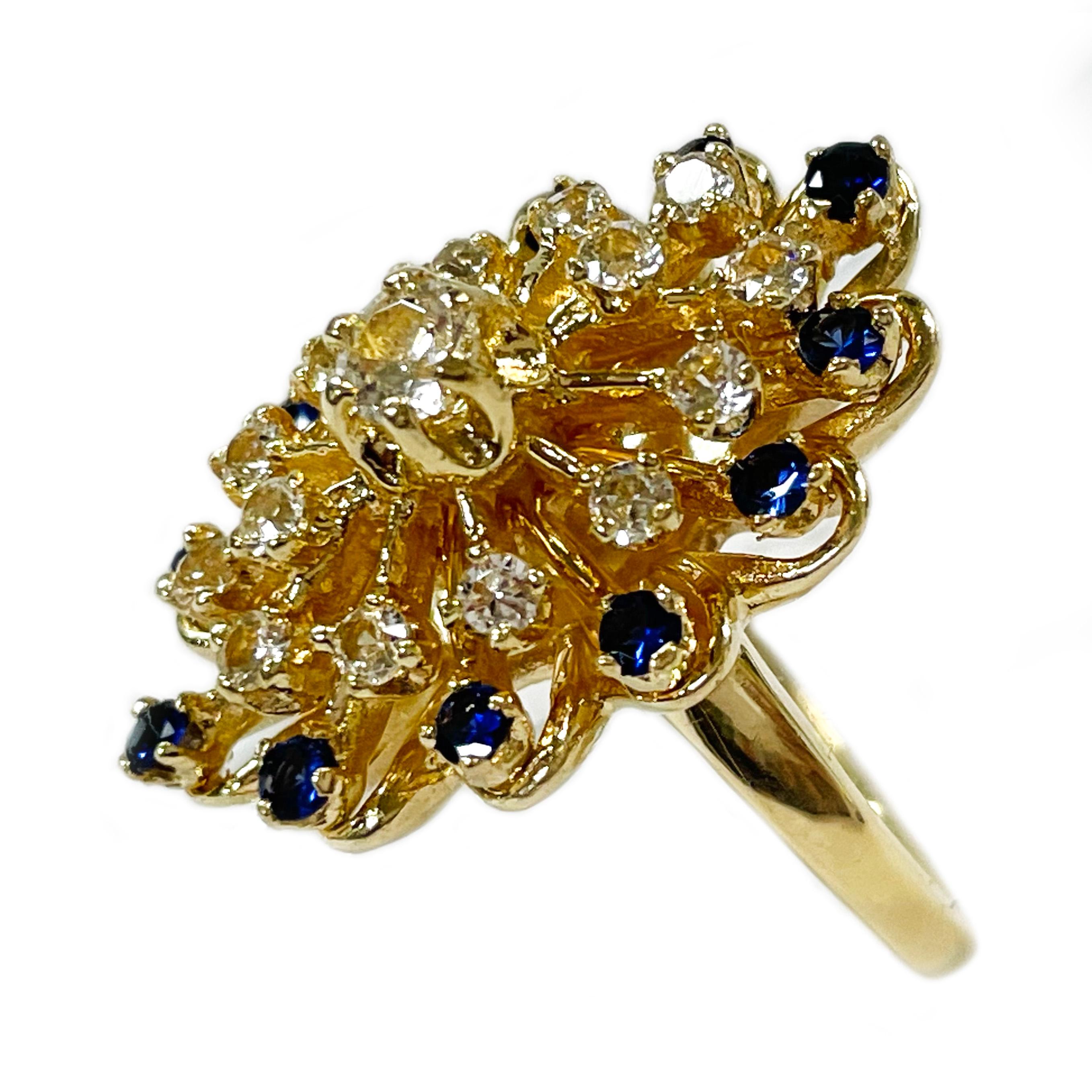 Retro Yellow Gold Blue & White Sapphire Cluster Ring For Sale