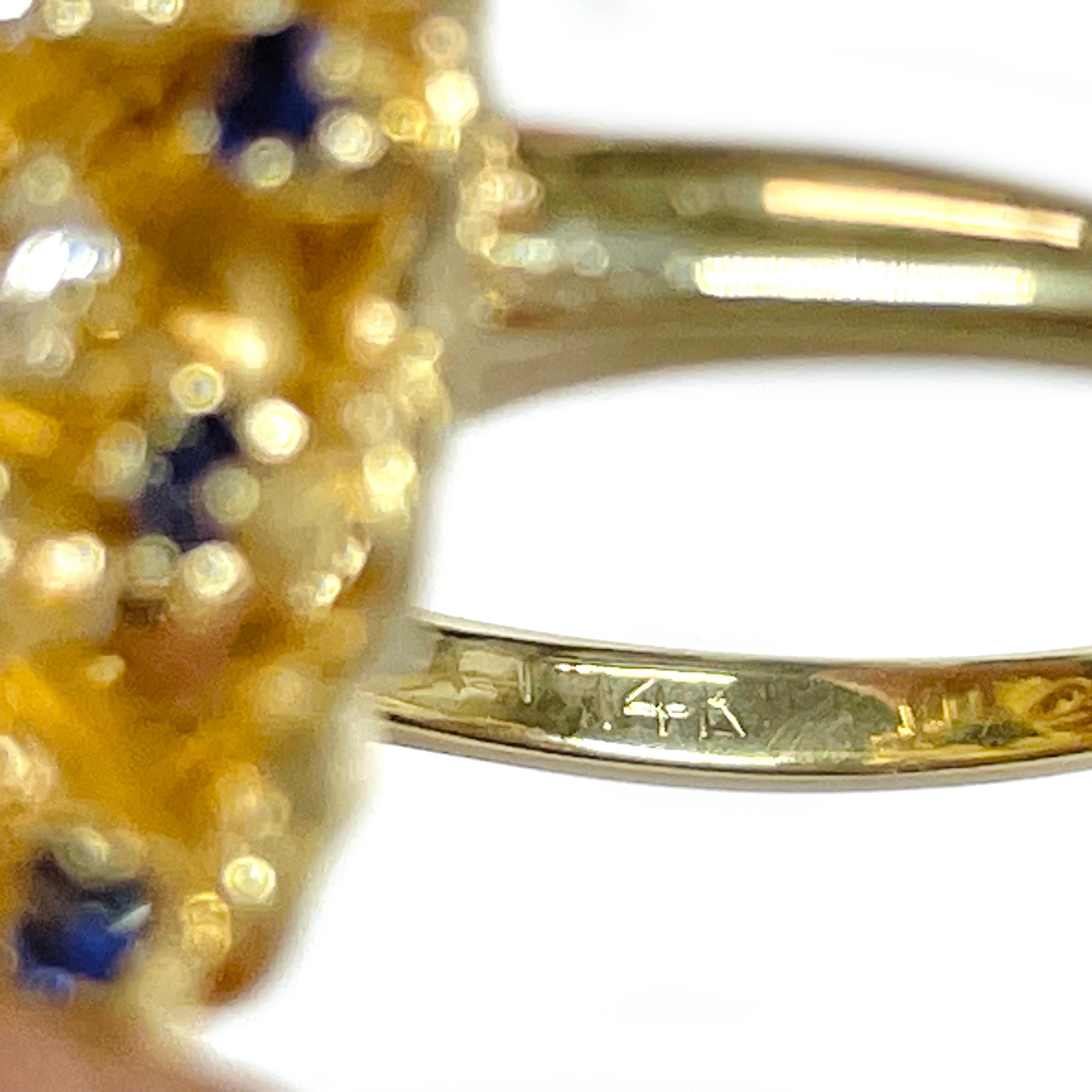 Yellow Gold Blue & White Sapphire Cluster Ring In Good Condition For Sale In Palm Desert, CA