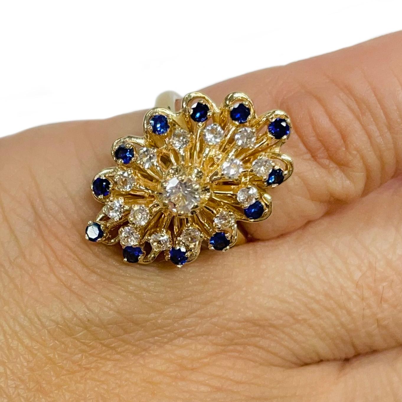 Women's or Men's Yellow Gold Blue & White Sapphire Cluster Ring For Sale