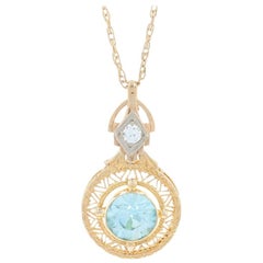 Yellow Gold Blue Zircon & Diamond Art Deco Necklace, 14k and 1.45 Carat Vintage