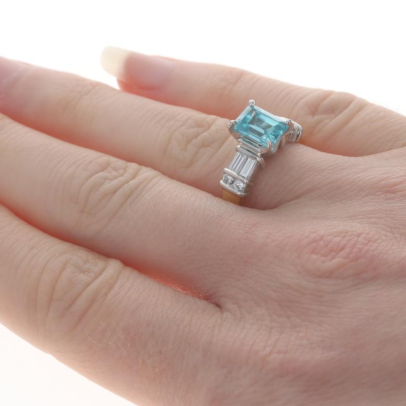 Women's Yellow Gold Blue Zircon & Diamond Engagement Ring 18k Emerald Cut 3.08ctw 6 1/2 For Sale