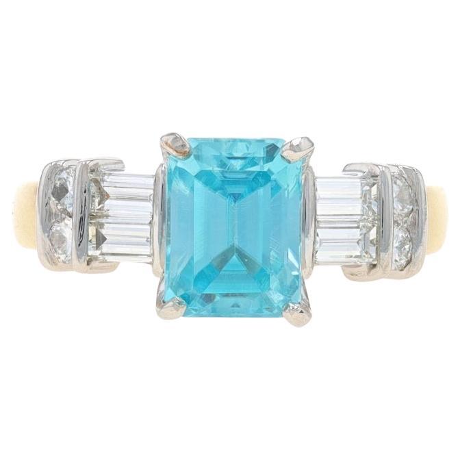 Yellow Gold Blue Zircon & Diamond Engagement Ring 18k Emerald Cut 3.08ctw 6 1/2 For Sale