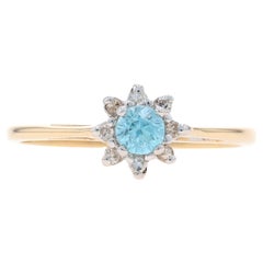 Anello aureola in oro giallo con zircone blu e diamante - 14k Cattedrale rotonda da .32ctw