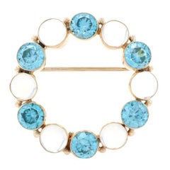 Yellow Gold Blue Zircon & Moonstone Retro Wreath Brooch 14k 8.60ctw Vintage Pin