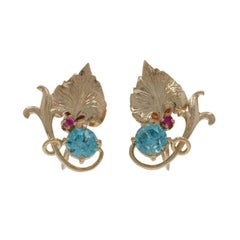 Yellow Gold Blue Zircon Ruby Retro Leaf Stud Earrings 14k Rd 1.94ctw Non-Pierced