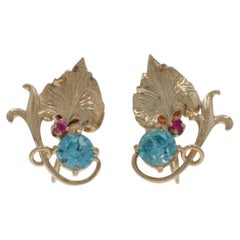 Yellow Gold Blue Zircon Ruby Retro Leaf Stud Earrings 14k Rd 1.94ctw Non-Pierced