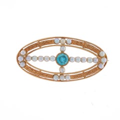 Yellow Gold Blue Zircon Seed Pearls Edwardian Brooch - 14k Round .30ct Pin