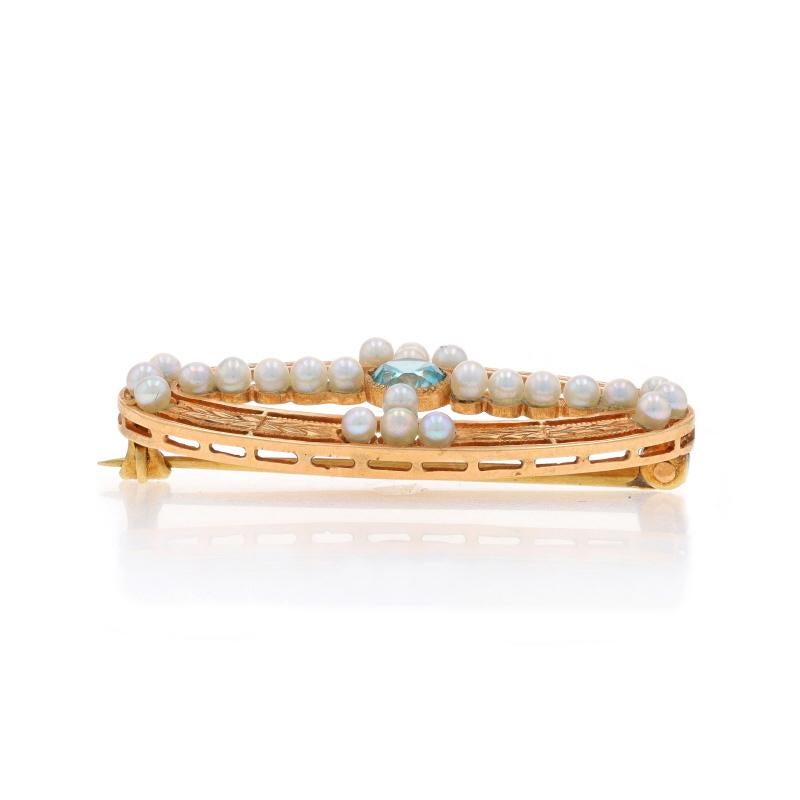 Gelbgold Blau Zirkon Seed Pearls Edwardian Brosche - 14k Runde .30ct Pin (Rundschliff) im Angebot