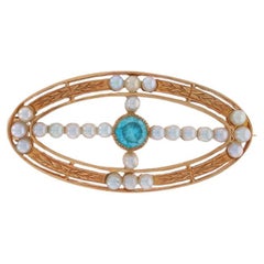 Broche eduardiano de oro amarillo con perlas de semilla de circón azul - Alfiler redondo de 14k .30ct