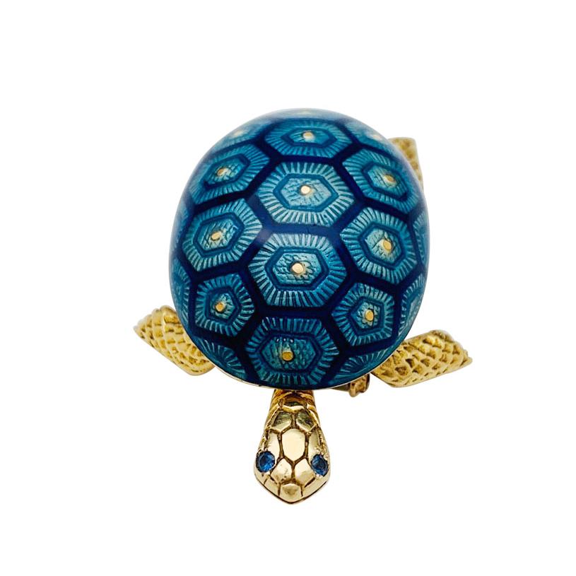 Yellow Gold Boucheron Turtle Brooch, Enamel and Sapphires In Excellent Condition In Paris, IDF