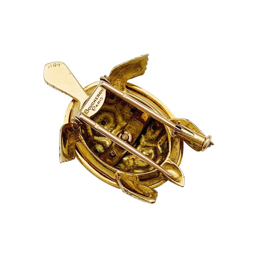 Women's or Men's Yellow Gold Boucheron Turtle Brooch, Enamel and Sapphires