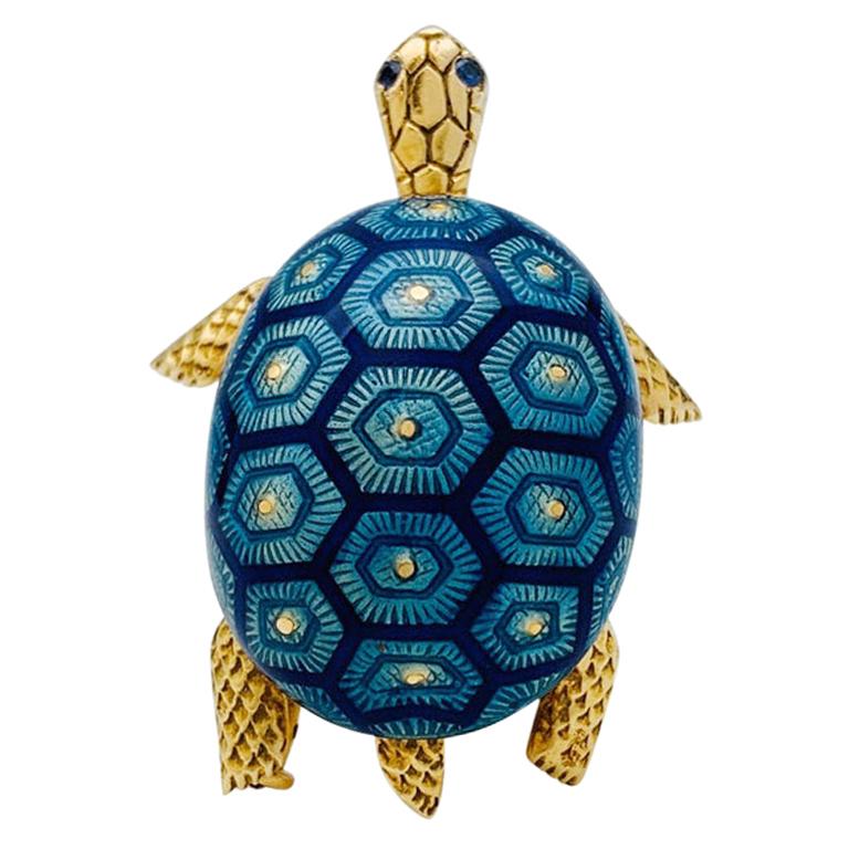 Yellow Gold Boucheron Turtle Brooch, Enamel and Sapphires