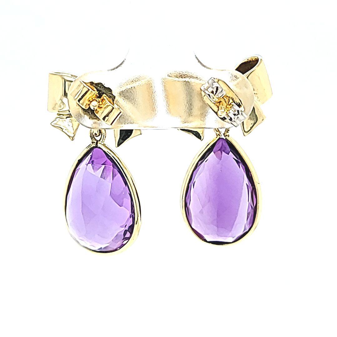 Yellow Gold Bow Drop Pear Amethyst Earrings In Good Condition For Sale In Coral Gables, FL