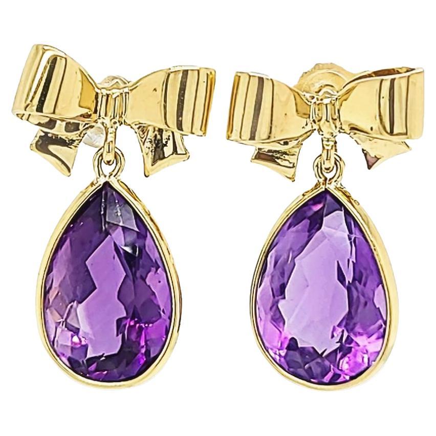 Yellow Gold Bow Drop Pear Amethyst Earrings For Sale